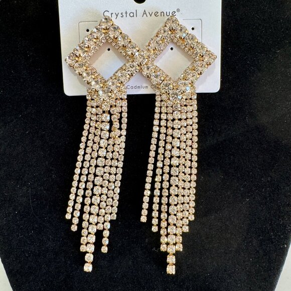 Statement Crystal Fringe Earrings | Diamond Drop Dangle Rhinestone Glam Earrings - Picture 7 of 7